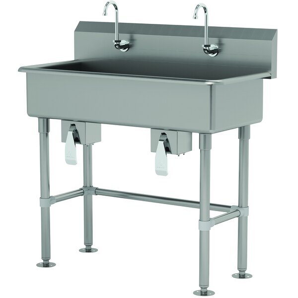 Advance Tabco FS-FM-40KV 14-Gauge Stainless Steel Multi-Station Hand Sink with Tubular Legs, 8" Deep Bowl, and 2 Knee-Operated Faucets - 40" x 19 1/2"