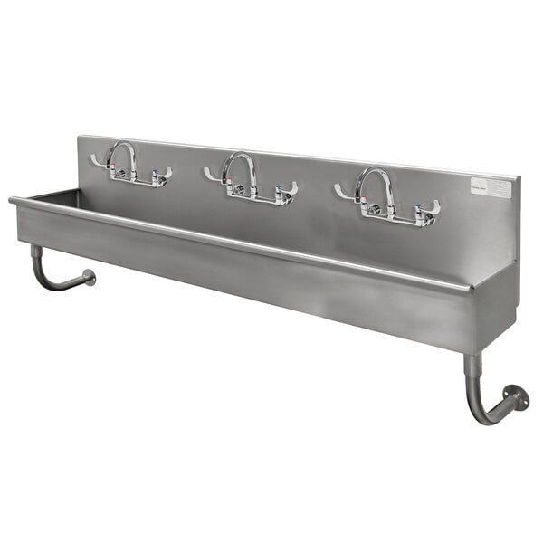 An Advance Tabco stainless steel ADA multi-station hand sink with manual faucets.