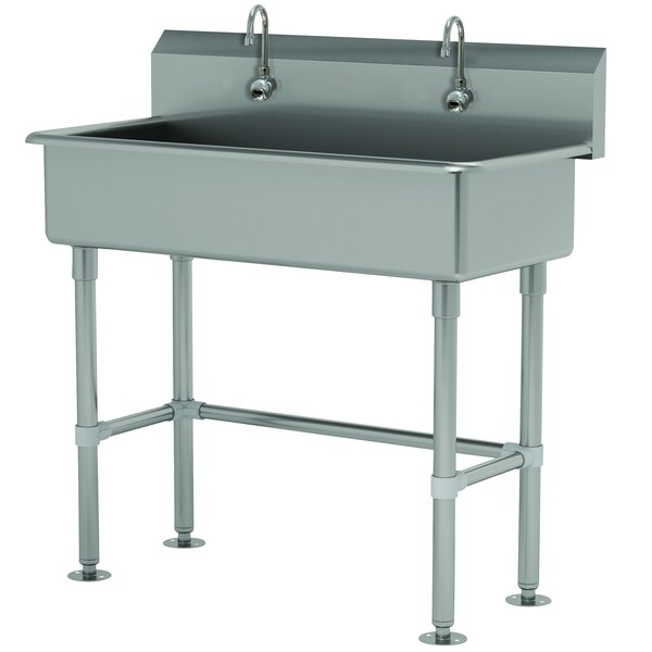 Advance Tabco FS-FM-40EF 14-Gauge Stainless Steel Multi-Station Hand Sink with Tubular Legs, 8" Deep Bowl, and 2 Electronic Faucets - 40" x 19 1/2"
