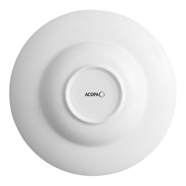 A white porcelain soup bowl with embossed lines and a wide rim, shown from the bottom with the Acopa logo visible.