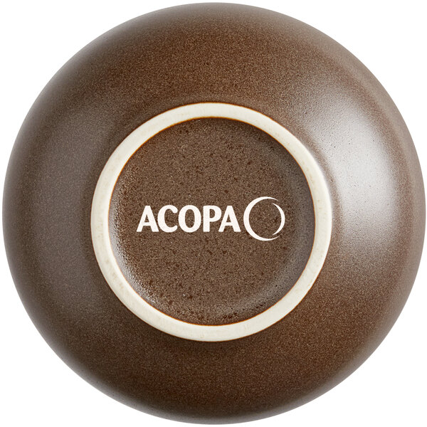 A brown matte stoneware bowl with the Acopa logo on the bottom.