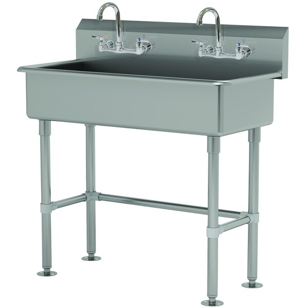 Advance Tabco FS-FM-40-F 14-Gauge Stainless Steel Multi-Station Hand Sink with Tubular Legs, 8" Deep Bowl, and 2 Manual Faucets - 40" x 19 1/2"