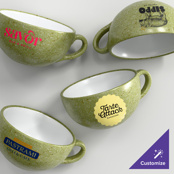 A set of moss green matte stoneware cups, each with a different custom logo or design on the side.
