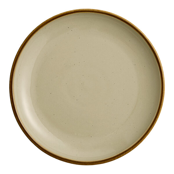An 8 1/2 inch granite gray stoneware coupe plate with a simple, smooth design and a slightly raised rim.