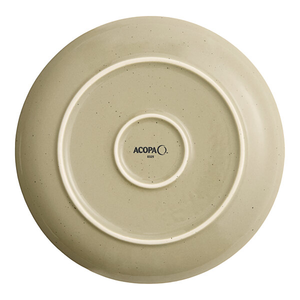 An Acopa Keystone 8 1/2 inch granite gray stoneware coupe plate shown from the bottom.