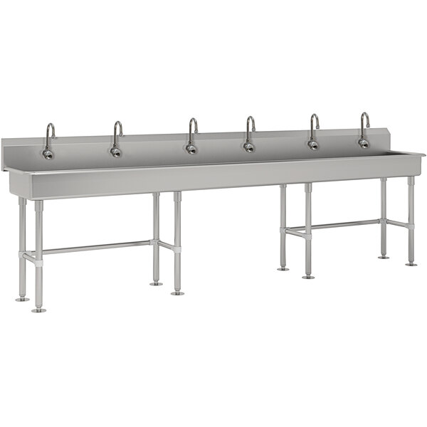 Advance Tabco FS-FM-120EFADA 14-Gauge Stainless Steel ADA Multi-Station Hand Sink with Tubular Legs, 8" Deep Bowl, and 6 Electronic Faucets - 120" x 19 1/2"