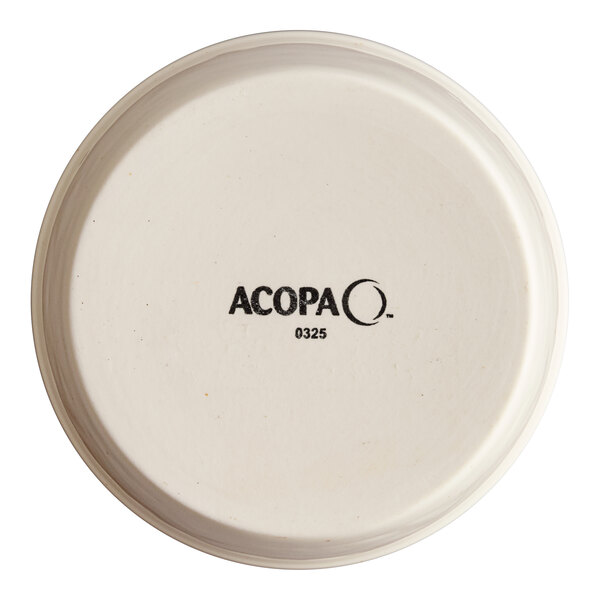 A round, white porcelain ramekin with the brand name 'Acopa' and a product code printed on the bottom.