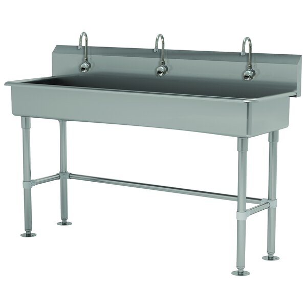 Advance Tabco FS-FM-60EFADA 14-Gauge Stainless Steel ADA Multi-Station Hand Sink with Tubular Legs, 8" Deep Bowl, and 3 Electronic Faucets - 60" x 19 1/2"