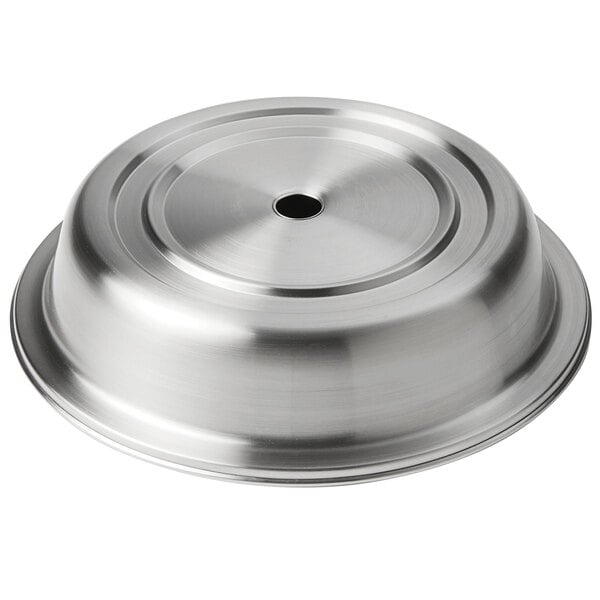 An American Metalcraft stainless steel plate cover with a hole in the center.