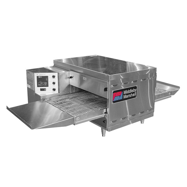 A Middleby Marshall countertop conveyor oven with a door open.
