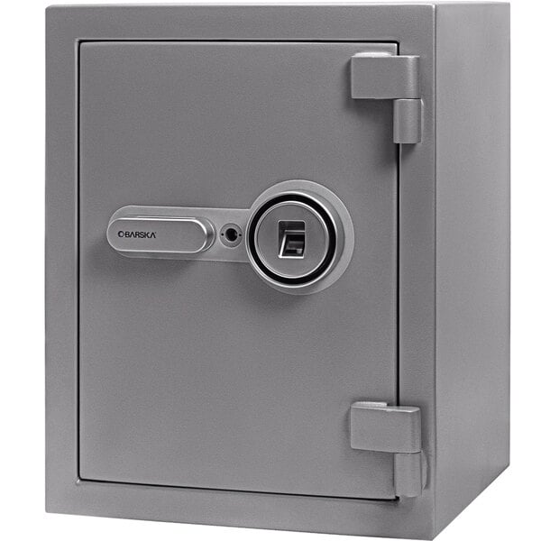 A gray Barska steel safe with a key lock.