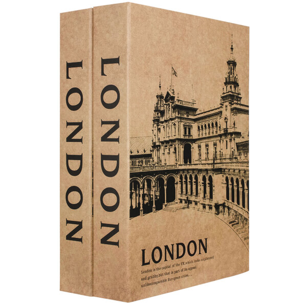 A stack of London-themed books with a Barska London Dual Steel Security Box on top.