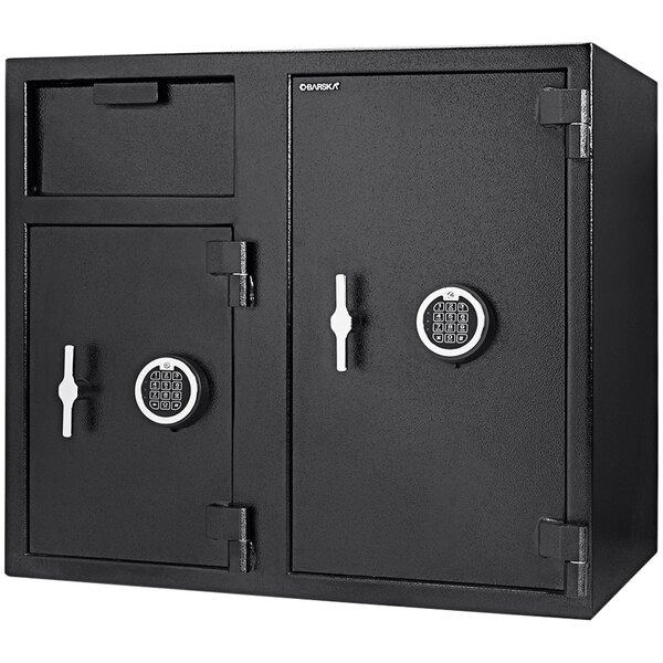 Barska AX13316 21" x 30 3/4" x 27 1/4" Black Steel Locker Depository Safe with Large Independent Locker, 2 Digital Keypads, and Key Locks - 2.58 / 4.68 Cu. Ft.