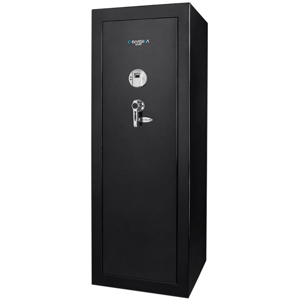 A Barska black steel security safe with fingerprint and key lock access.