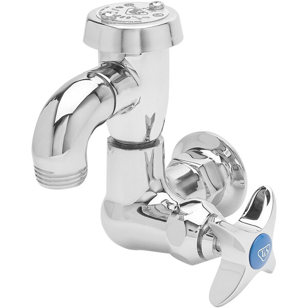 A chrome plated T&S wall mount mop sink faucet with a blue handle.