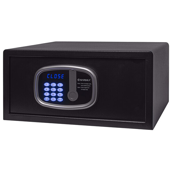 A black Barska hotel safe with digital keypad lock.