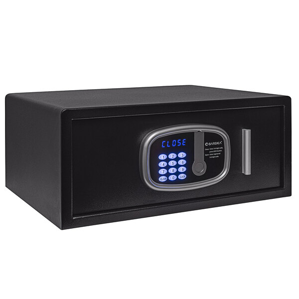 A Barska black steel hotel drawer-style security safe with digital keypad.