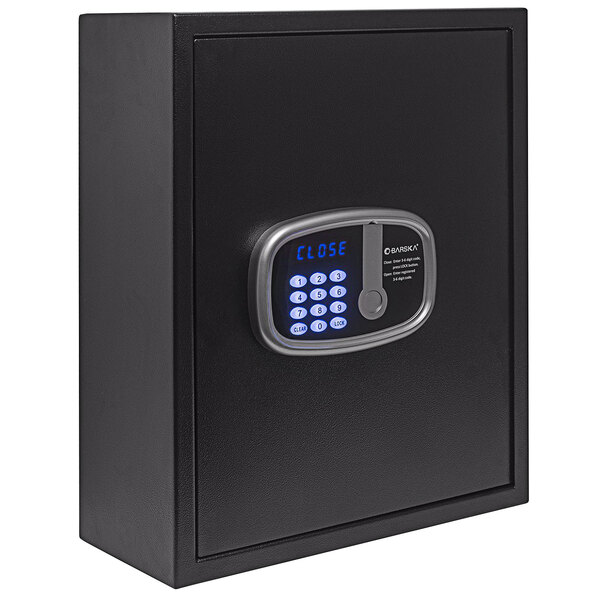 A Barska black steel wall safe with digital keypad and key lock.