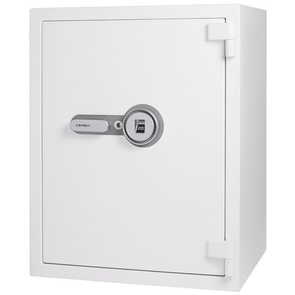 A white Barska security safe with a key lock.