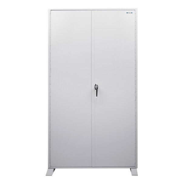 A gray steel Barska freestanding cabinet with two doors and a lock.