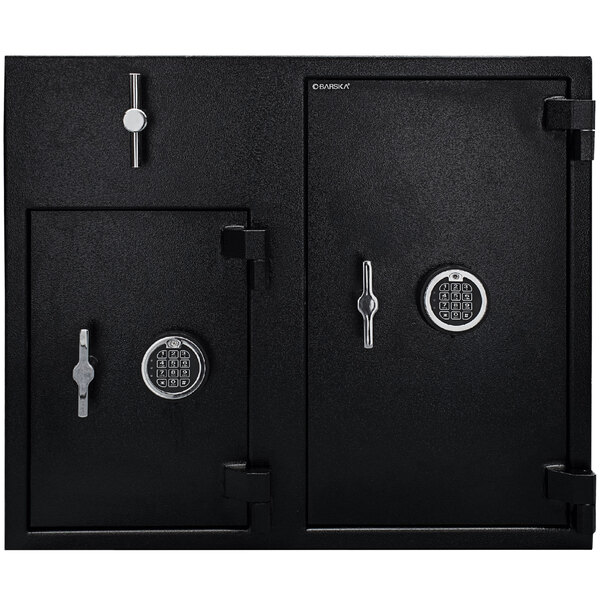 A black Barska steel dual security safe with two keypads and key locks.