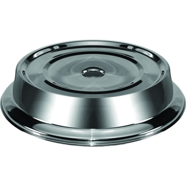 A stainless steel dome plate cover with a circular hole.