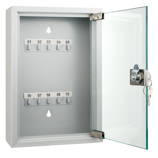 A gray steel Barska key cabinet with a glass door.