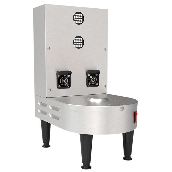 A Grindmaster stainless steel stand with black legs for two PrecisionBrew coffee shuttles.