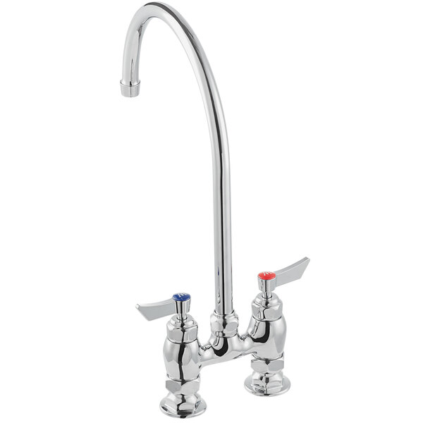 A silver Waterloo deck-mount faucet with two handles and a gooseneck spout.