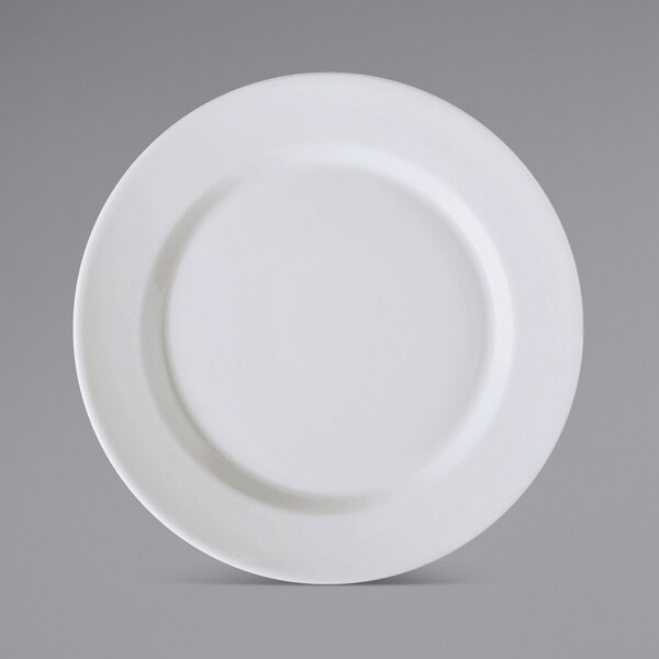 A close-up of a Corona by GET Enterprises bright white porcelain plate with a round edge.