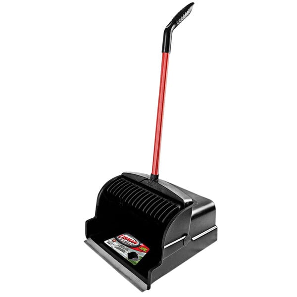 A black and red Libman Large Heavy-Duty Scoop Dust Pan with a red handle.