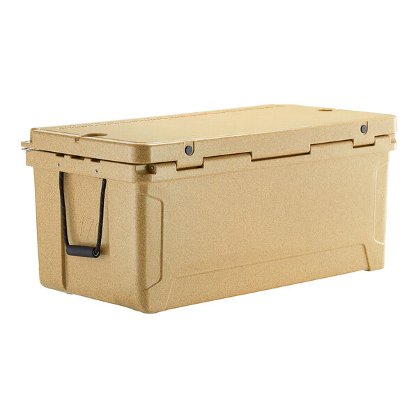 A tan plastic CaterGator cooler with black handles.