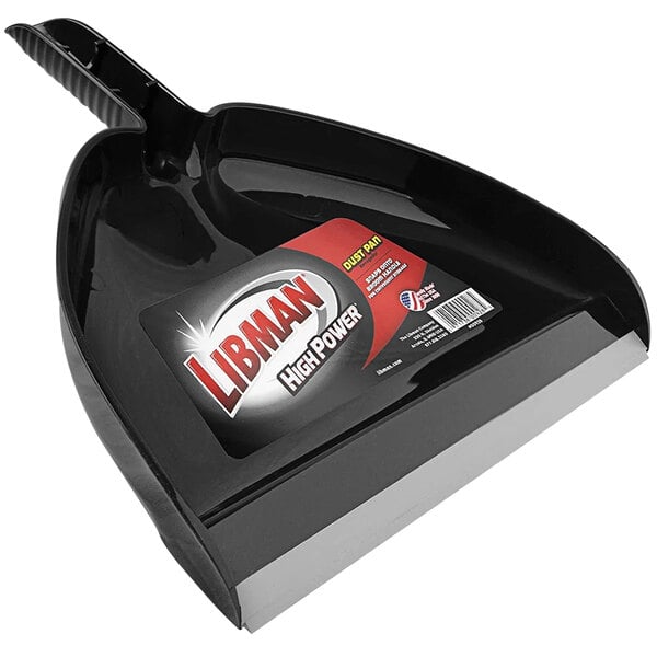 A black plastic dustpan with a red label that says "Libman"