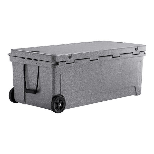A grey CaterGator cooler with wheels.
