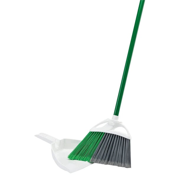 A green and white Libman Precision Angle Broom with a long handle.