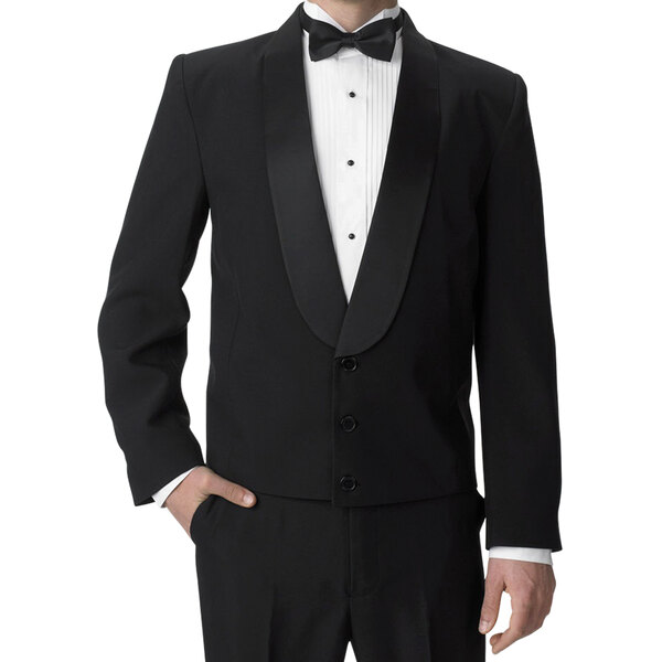 A man wearing a Henry Segal black satin shawl lapel eton jacket over a white shirt with a black bow tie.