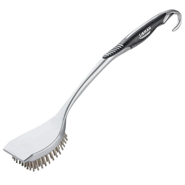 A Libman stainless steel grill brush with a long handle.