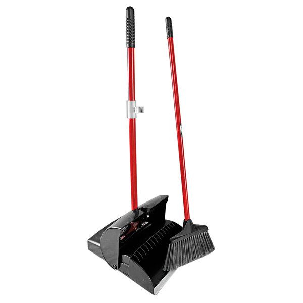 A Libman deluxe lobby broom and dust pan with a red handle.