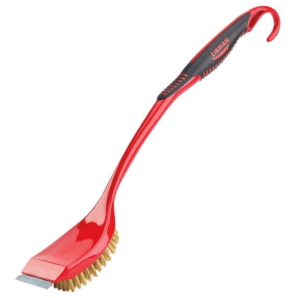 A red Libman long handle BBQ brush with a black handle.