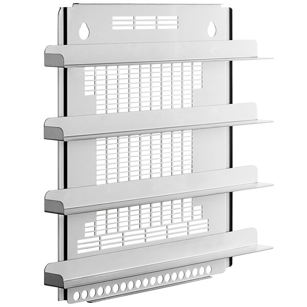 A white metal rack runner with 4 metal shelves on it.