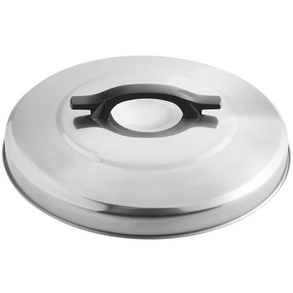 A stainless steel Avantco lid with a black handle.