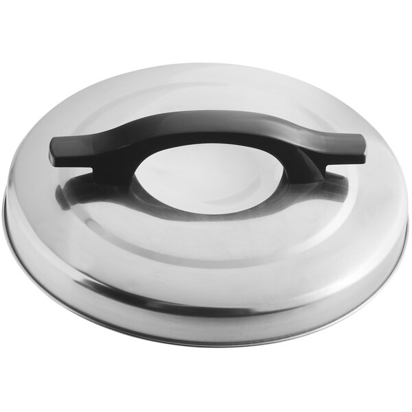 A stainless steel Avantco lid with a black handle.