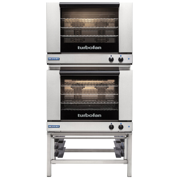 A Moffat Turbofan double convection oven with doors open.