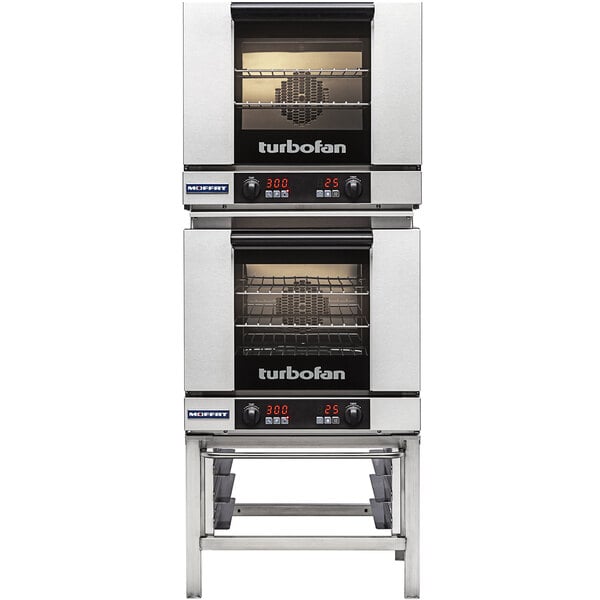 Moffat E23D3/2 Turbofan Double Deck Half Size Electric Digital Convection Oven with Steam Injection and Stainless Steel Stand - 208V, 1 Phase, 5.4 kW