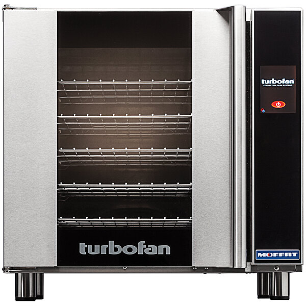 A Moffat Turbofan convection oven with the door open on a white background.