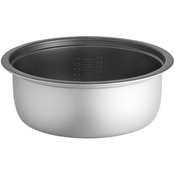 An Avantco stainless steel pot with a black lid.