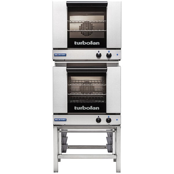 A Moffat stainless steel double deck electric convection oven with both doors open.