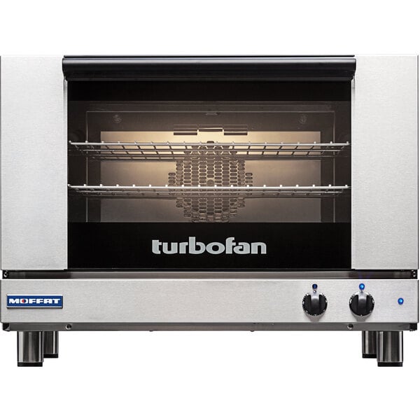 A Moffat commercial convection oven with mechanical controls on a white surface with a black border.