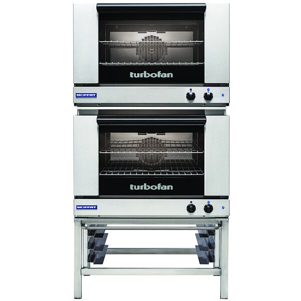 Moffat E27M2/2 Turbofan Double Deck Full Size 2 Pan Electric Convection Oven with Mechanical Controls and Stainless Steel Stand - 220-240V, 1 Phase, 6 kW