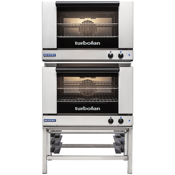 A large silver Moffat double convection oven with two racks inside.